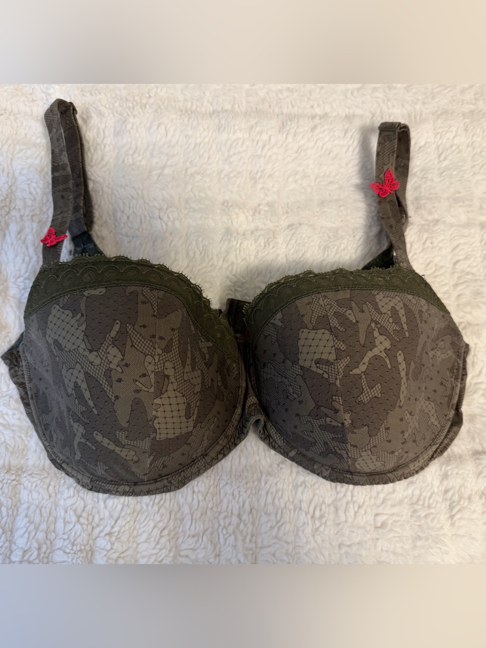 Prima Donna Olive Green Patterned Push-Up Bra with Pink Bow Accents